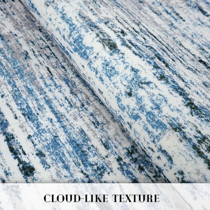 Modern Abstract Runner Rug 2.6x18, Grey Blue White Washable Long Kitchen Runner Non-Slip Soft Hallway Rug Runner Thin Print Faux Wool Carpet for Entryway Bedroom Laundry Room Indoor Home Decor
