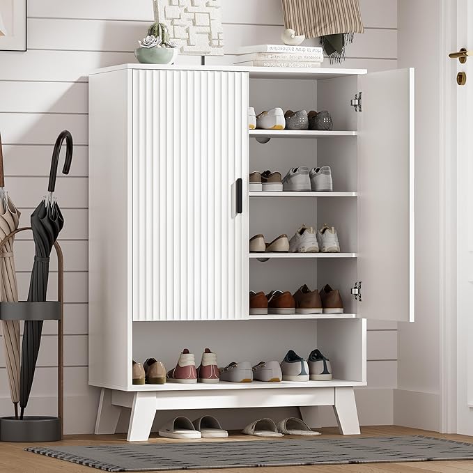 Shoe Cabinet Storage for Entryway with Doors, 5 Tier Fluted Shoe Organizer with Adjustable Shelves, Entryway Shoe Storage with Wooden Legs, Freestanding Hidden Shoe Rack for Front Door Entrance, White
