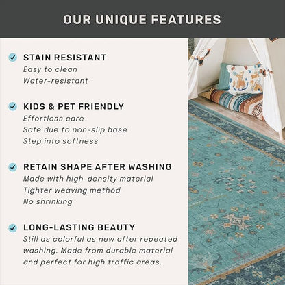 2x3 Washable Teal Rug for Entryway Indoor, Kitchen Floor Waterproof, Bathroom, Powder Room, Non Slip Low Pile Stain & Fade Resistant, Modern Turquoise Aqua Décor