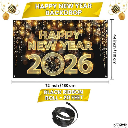 KatchOn, XtraLarge Happy New Year Banner - 72x44 Inch | New Year Backdrop 2026 | New Years Decorations 2026 | NYE Eve Banner For NYE Decorations 2026 | New Years Eve Party Supplies 2026