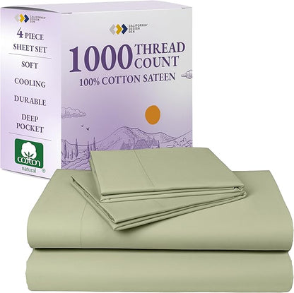 California Design Den Thick and Natural 100% Cotton Bed Sheets King Size Set - Luxury 1000 Thread Count Sateen, Deep Pocket Sheet & Pillowcase Sets, Soft, Breathable and Durable Bedding - Sage Green
