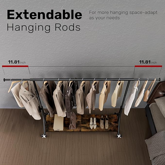MAXLEAD Clothes Rack, Clothing Rack with Wood Shelves 500 LBS Heavy Duty Garment Rack for Hanging Clothes Portable Closet Sturdy Coat Rack for Bedroom, Living Room, Laundry, Balcony, Black