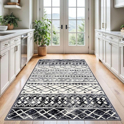 KUTA 4x6 Rug Boho Rugs for Living Room, Moroccan Washable Kitchen Rug Non Slip, Black Navy Blue Ultra Soft Print Geometric Entry Low-Pile Throw Carpet for Bedroom Nursery Dorm Decor