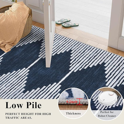 HelloTree Hallway Runner Rug，2.6x12 Moroccan Modern Stripe Carpet Washable Machine Bathroom Runner Bohemian Design Modern Soft Non Slip Indoor Rug for Entryway Hallway Laundry Room Bedroom-Blue