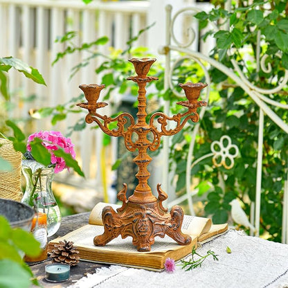Sungmor Rusty Cast Iron 3 Arm Candelabra, 13" Tall Vintage Candlestick Holder, Decorative Taper Candle Holder, Pretty Centerpiece Candle Stand for Halloween, Christmas, Holiday Décor