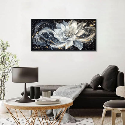 QZQCBLC Black and White Floral Wall Art, Abstract Lotus Flower Framed Canvas Painting White Gold Petals Modern Pictures Artwork for Living room Bedroom kitchen Bathroom Home Office Decor 20x40 IN