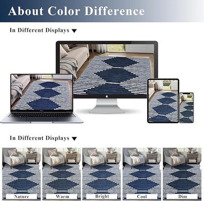 HelloTree Hallway Runner Rug，2.6x8 Moroccan Modern Stripe Carpet Washable Machine Bathroom Runner Bohemian Design Modern Soft Non Slip Indoor Rug for Entryway Hallway Laundry Room Bedroom-Blue