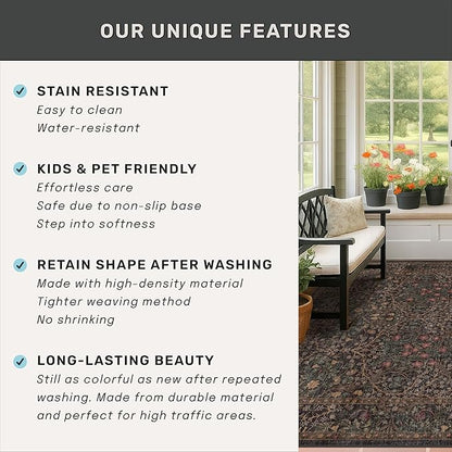 Dark Brown 2'6" x 8' Runner Rug for Hallways Non Slip, Extra Long Floor Runner for Kitchen, Entryway Indoor, Washable Rubber Backing Stain Resistant - Vintage Dark Green Botanical Floral Décor