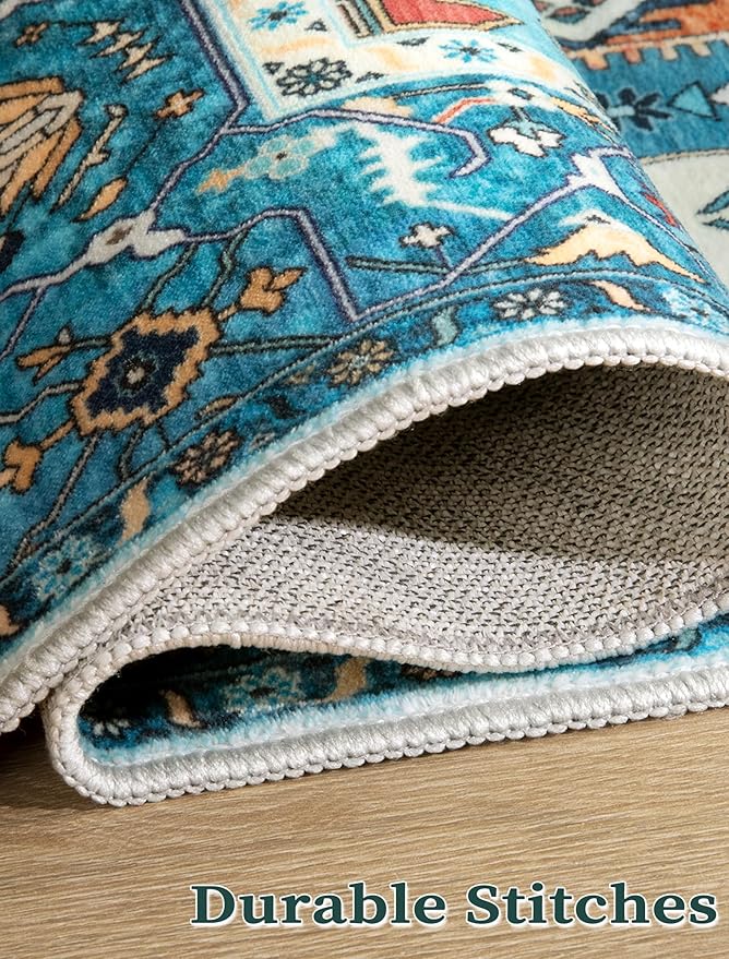 SERISSA Runner Rug for Hallways, 2'6"x12' Washable Non Slip Kitchen Runner Rug, Extra Long Boho Rug Ultra Soft Vintage Blue Print Floor Carpet for Bedroom Hallway Entryway Bathroom Laundry Room