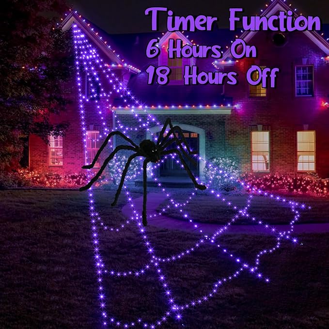 LED Spider Web Lights for Halloween Decorations Outdoor - 455 LEDs, 8 Lighting Modes, 16.4 Ft Light Up Giant Web (Purple)