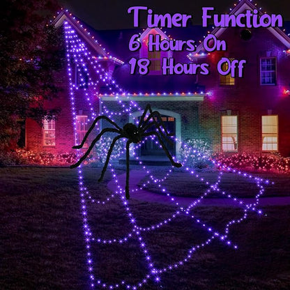 LED Spider Web Lights for Halloween Decorations Outdoor - 455 LEDs, 8 Lighting Modes, 16.4 Ft Light Up Giant Web (Purple)