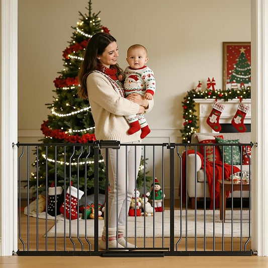 TSAYAWA Extra Wide Baby Gate with Door, 52.76~62.2 Inch Wide Presure Mounted No Drill Metal Auto Close Child Gate for Stair Doorway - Indoor Outdoor Safty Gate for Toddler Dog Doggie, Black