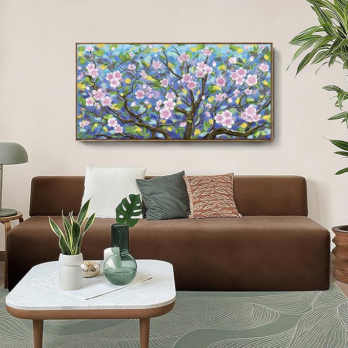 ARTZON Large Framed Canvas Wall Art Pink Green Tree Flower Artwork Plum Blossom Botanical Aesthetic Gallery-wrapped Nature Picture for Living Room Above Bed Women Girly Bedroom Hallway Decor 48"x24"