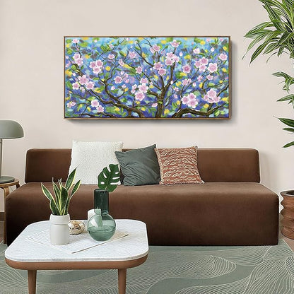 ARTZON Large Framed Canvas Wall Art Pink Green Tree Flower Artwork Plum Blossom Botanical Aesthetic Gallery-wrapped Nature Picture for Living Room Above Bed Women Girly Bedroom Hallway Decor 48"x24"