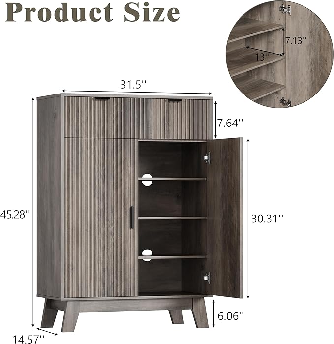 Shoe Cabinet Storage for Entryway with Doors, 4 Tier Fluted Shoe Organizer with 2 Drawers, Entryway Shoe Storage with Adjustable Shelves, Freestanding Hidden Shoe Rack for Front Door Entrance, Grey