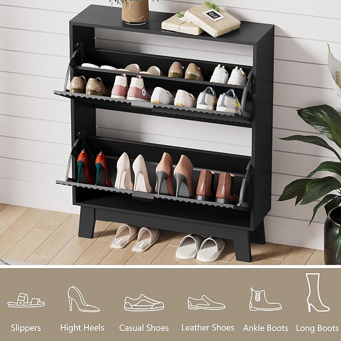 Shoe Cabinet Storage for Entryway with 2 Flip Drawers, Fluted Narrow Shoe Organizer with Wooden Legs, Freestanding Slim Shoe Storage Hidden Shoe Rack Organizer for Front Door Entrance, Black