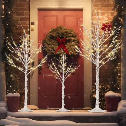 Outdoor Christmas Decorations Lighted Birch Tree Set of 3, LED Warm White 4, 6 and 8 Feet, for Indoor Christmas Decor, Party, Garden, Yard, Wedding, Holiday