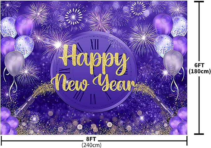 MEHOFOND Happy New Year Backdrop Purple 2026 New Year Eve Party Decorations Banner Supplies Shining Champagne Balloons Firework Photography Background New Years Eve Photo Studio Props 8x6ft