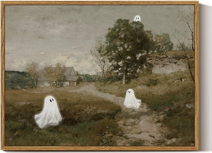 InSimSea Framed Canvas Wall Art, Vintage Halloween Decor, Cute Ghosts Decor Indoor, Bedroom Bathroom Living Room Halloween Pictures Decorations, Landscape Wall Art Prints, 12"x16"