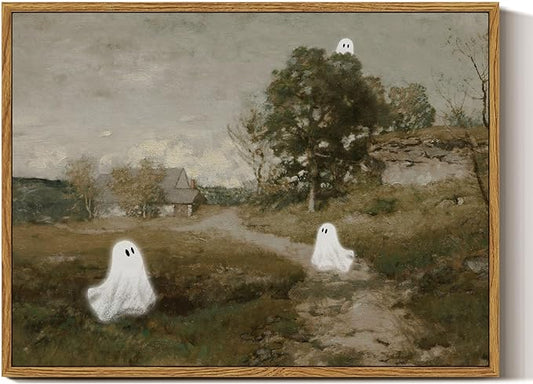 InSimSea Framed Canvas Wall Art, Vintage Halloween Decor, Cute Ghosts Decor Indoor, Bedroom Bathroom Living Room Halloween Pictures Decorations, Landscape Wall Art Prints, 12"x16"