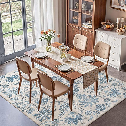 jinchan Floral 5x7 Area Rugs, Vintage-Inspired Design Accent Rug, Machine Washable Ultra-Thin Low-Pile Non-Slip Traditional Carpet for Living Room Bedroom Dining Room Home Office, Turquoise