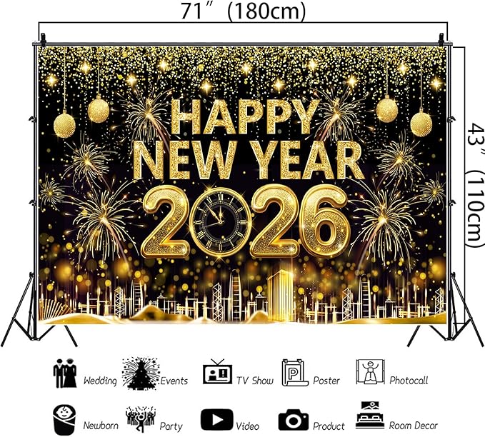 Gold 2026 Happy New Year Banner Backdrop 5.9×3.6 Ft Gold Glitter 2026 Backdrop with Clock Fireworks Sparkling Happy New Year Decorations Banner Family Party Photo Booth (Polyester) Retyshia