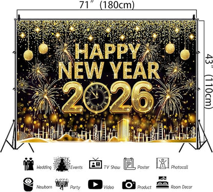 Gold 2026 Happy New Year Banner Backdrop 5.9×3.6 Ft Gold Glitter 2026 Backdrop with Clock Fireworks Sparkling Happy New Year Decorations Banner Family Party Photo Booth (Polyester) Retyshia