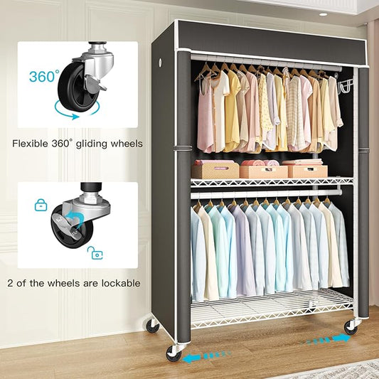 White Clothing Rack with Black Cover, P1C Plus Rolling Closets with Wheels, Metal Garment Rack for Hanging Clothes, Clothing Storage Wardrobe, 46" W x 18.5" D x 80.7" H, Load 524 Pounds