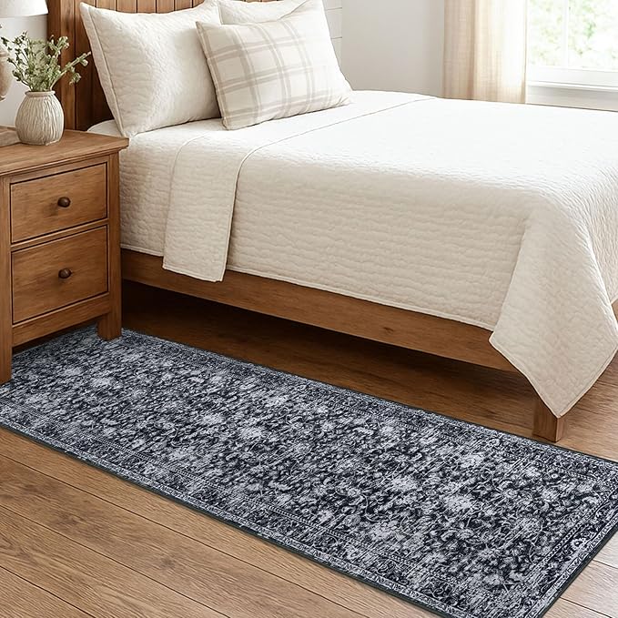 KILOCOCO Hallway Runner 2x7 Rug Runner Printed Vintage Floral Washable Kitchen Runners Non-slip Rubber Backed Runners for Hallways Distressed Thin Soft Rugs for Entryway Laundry Room, Black/Navy/White