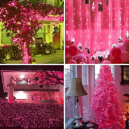 Green Wire, Pink Incandescent Bulb 300 Mini String Lights for Indoor Christmas Tree Garland Birthday Wedding Party Festival Decoration