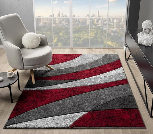 Ultra Soft Area Rug Hand Carved - Modern Abstract Design for Indoor Living Room & Bedroom - Stain Resistant, Easy to Clean - (2'7''x7, Red)