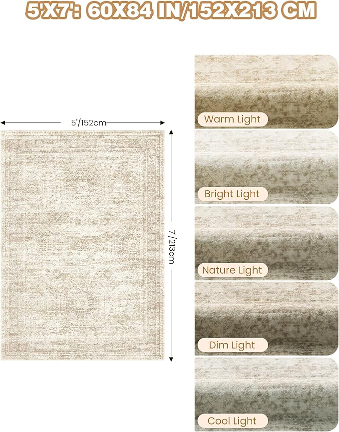 5x7 Area Rugs, Ultra-Thin Washable Rugs for Living Room, Anti-Slip Backing Area Rug for Bedroom, Soft Abstract Vintage Home Decor Rug for Dining Room(5'x7', Beige/Ivory)