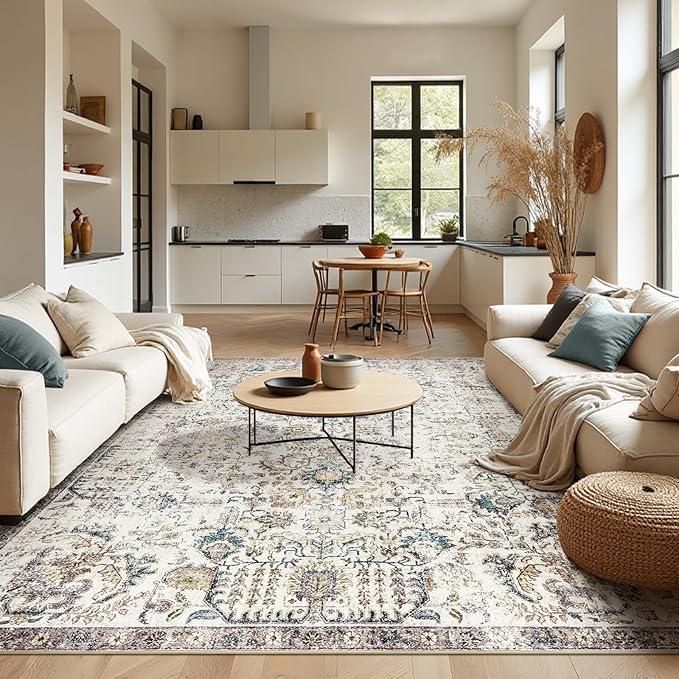 jinchan Area Rug 9x12 Washable Living Room Rug Vintage Indoor Large Floor Cover Retro Accent Mat Distressed Floral Country Boho Non Slip Thin Carpet for Bedroom Kitchen Dining Room Office Blue Multi