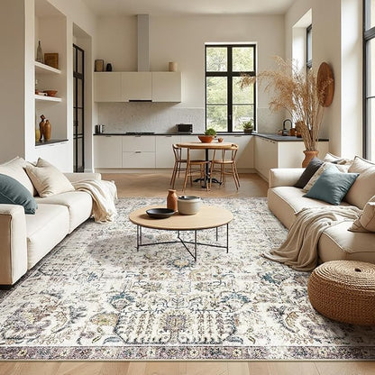 jinchan Area Rug 9x12 Washable Living Room Rug Vintage Indoor Large Floor Cover Retro Accent Mat Distressed Floral Country Boho Non Slip Thin Carpet for Bedroom Kitchen Dining Room Office Blue Multi