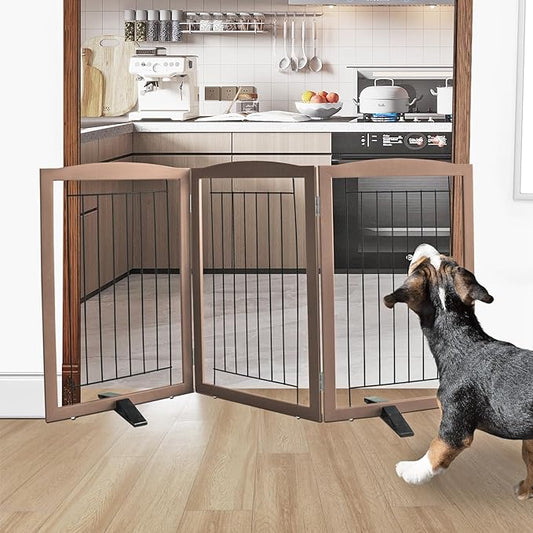 ZJSF Freestanding Dog Fence Indoor, Foldable Dog Gate for Doorways, Stairs or Hallways, Sturdy Wood Extra Wide Pet Gate with Support Feet for The House, Brown, 32 "Height-3 Panels