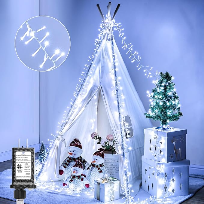 Minetom Christmas Lights Outdoor Cluster Lights - 500 LED 25 Ft Christmas Firecrackers String Lights, 12 Modes Timer Waterproof Connetable Plug in Twinkle Fairy Light for Xmas Tree Garland, Cool White