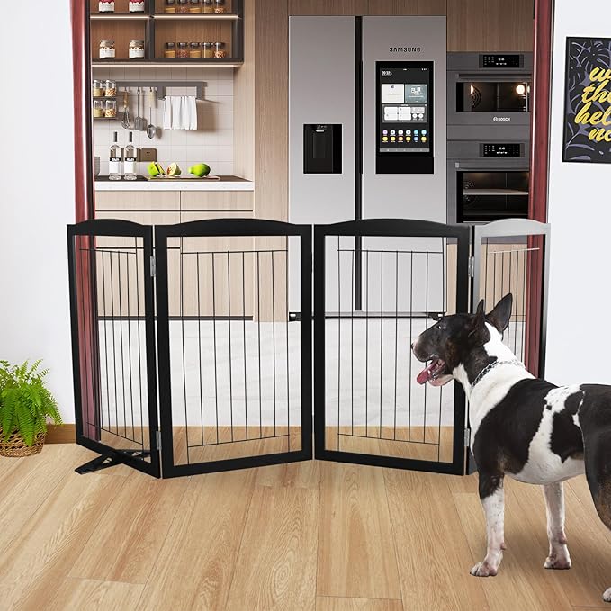 ZJSF Freestanding Dog Fence Indoor, Foldable Dog Gate for Doorways, Stairs or Hallways, Sturdy Wood Extra Wide Pet Gate with Support Feet for The House, Black, 32 "Height-4 Panels