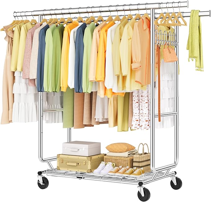 Hoctieon 2-Minute Assembly Double Rod Clothes Rack, Heavy Duty Rolling Clothing Racks with Wheels, Foldable Commercial Garment Rack, Extendable Hanging Bar, Adjustable Metal Pole with Hooks, Chrome
