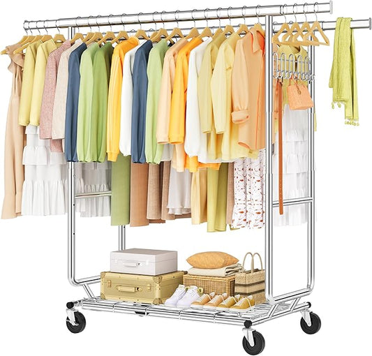 Hoctieon 2-Minute Assembly Double Rod Clothes Rack, Heavy Duty Rolling Clothing Racks with Wheels, Foldable Commercial Garment Rack, Extendable Hanging Bar, Adjustable Metal Pole with Hooks, Chrome