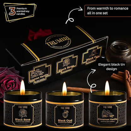 Candle Gift Set of 3 Black Oud|Cinnamon Vanilla|Black Rose Strong Scented Soy Candels Clean Non Toxic Velas Aromáticas Favors for Women Coworkers Friends Guests Also for Diwali Christmas Holidays