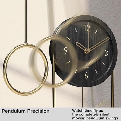 Driini Decorative Wall Clock with Pendulum (Black) – Modern Wood, 3D Gold Numbers, Metal Frame – Small, Unique Wall Clocks for Living Room Decor or Bathroom - Battery Operated, Silent, Non-Ticking