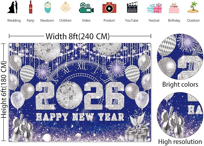 Happy New Year 2026 Black Gold Backdrop 2026 New Year Eve Countdown Photo Background Cheer to 2026 Party Decoration Banner Photo Supplies (Blue, 94x70inch(8x6FT))