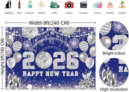 Happy New Year 2026 Black Gold Backdrop 2026 New Year Eve Countdown Photo Background Cheer to 2026 Party Decoration Banner Photo Supplies (Blue, 94x70inch(8x6FT))