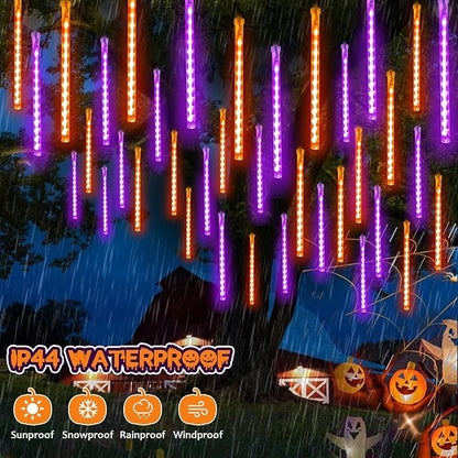 Halloween Lights Outdoor, 2 Pack Extendable Meteor Shower Lights Outdoor Waterproof with Timer, Total 384 LED 30cm 16 Tubes Cascading String Light Plug in for Halloween Yard Party (Orange and Purple)