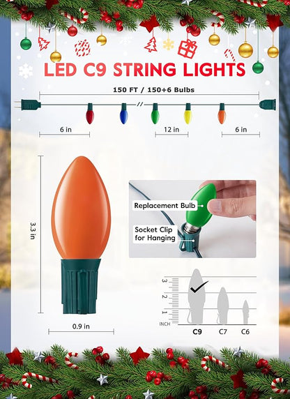 C9 LED Christmas Lights Outdoor, 150 Feet C9 String Lights with 150 Shatterproof Matte Bulbs, Connectable Waterproof Christmas Tree Lights for Holiday Roofline Backyard Garden Decor, Multicolor