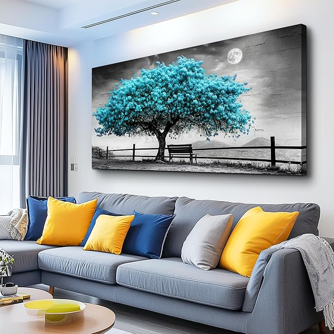 KELIYUAN Wall Art Black White Grey Background Home Decor Blue Tree Of Life Canvas Wall Painting Living Room Decor Office Bedroom Bathroom Corridor Decor Artwork, Can Be Hung Directly 24x48 Inches