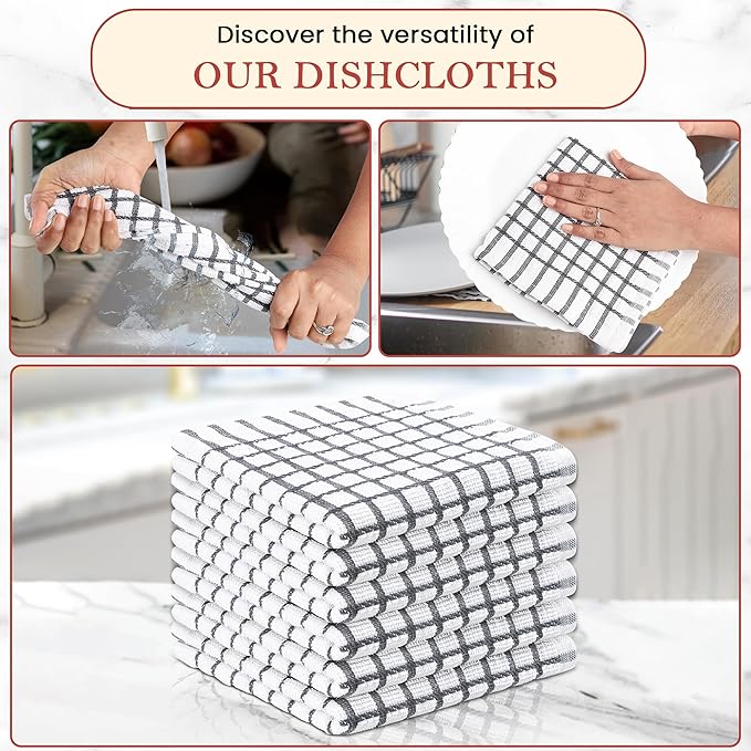 Vintage Vista 100% Cotton Dish Cloths (Pack of 6) - Dish Rags for Washing Dishes - Reusable & Highly Absorbent Kitchen Towels - Kitchen Rags for Christmas - (12" x 12" - Slate Grey Checkered)