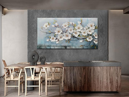 Anolyfi White Textured Flowers Wall Art for Living Room Canvas Painting, Modern Elegant Landscape Wall Art for Dining Room Bedroom Hallway Kitchen Office Home 40"x20"