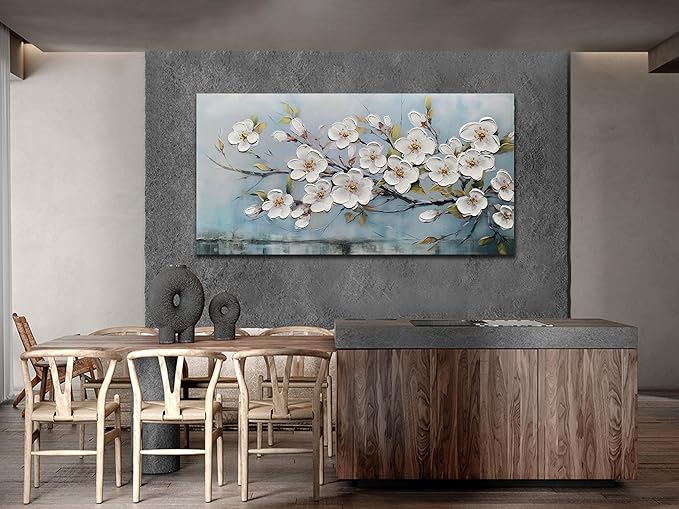 Anolyfi White Textured Flowers Large Wall Art for Living Room Canvas Painting, Modern Elegant Landscape Wall Art for Dining Room Bedroom Hallway Kitchen Office Home 58"x29"