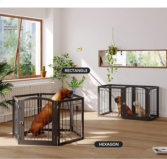 JSB 144-inch Extra Wide 30-inch Tall Dog gate with Door Walk Through, Freestanding Pet Gate for Halls, Stairs & Home, Pet Puppy Safety Dog Fence with 2PCS Support Feet (Black)